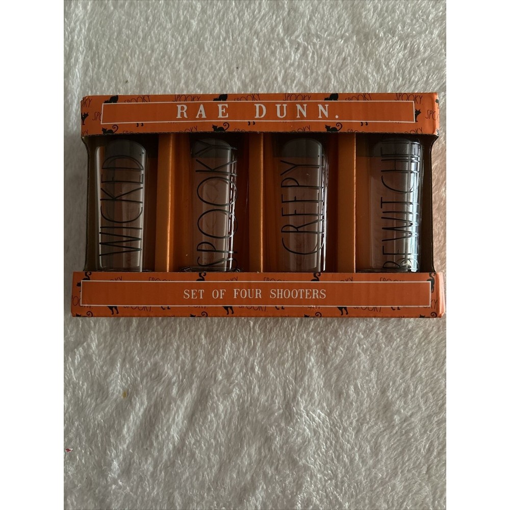 Rae Dunn Halloween 4 Shot Glasses 2oz Shooters Wicked Spooky 4" Tall Bar Glass